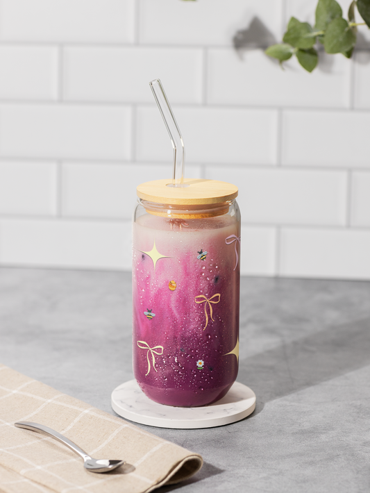 Sipper Glass - Aesthetic Soft Girl Yellow Ribbons | Eco-Friendly 16oz Drinkware with Wooden Lid and Straw
