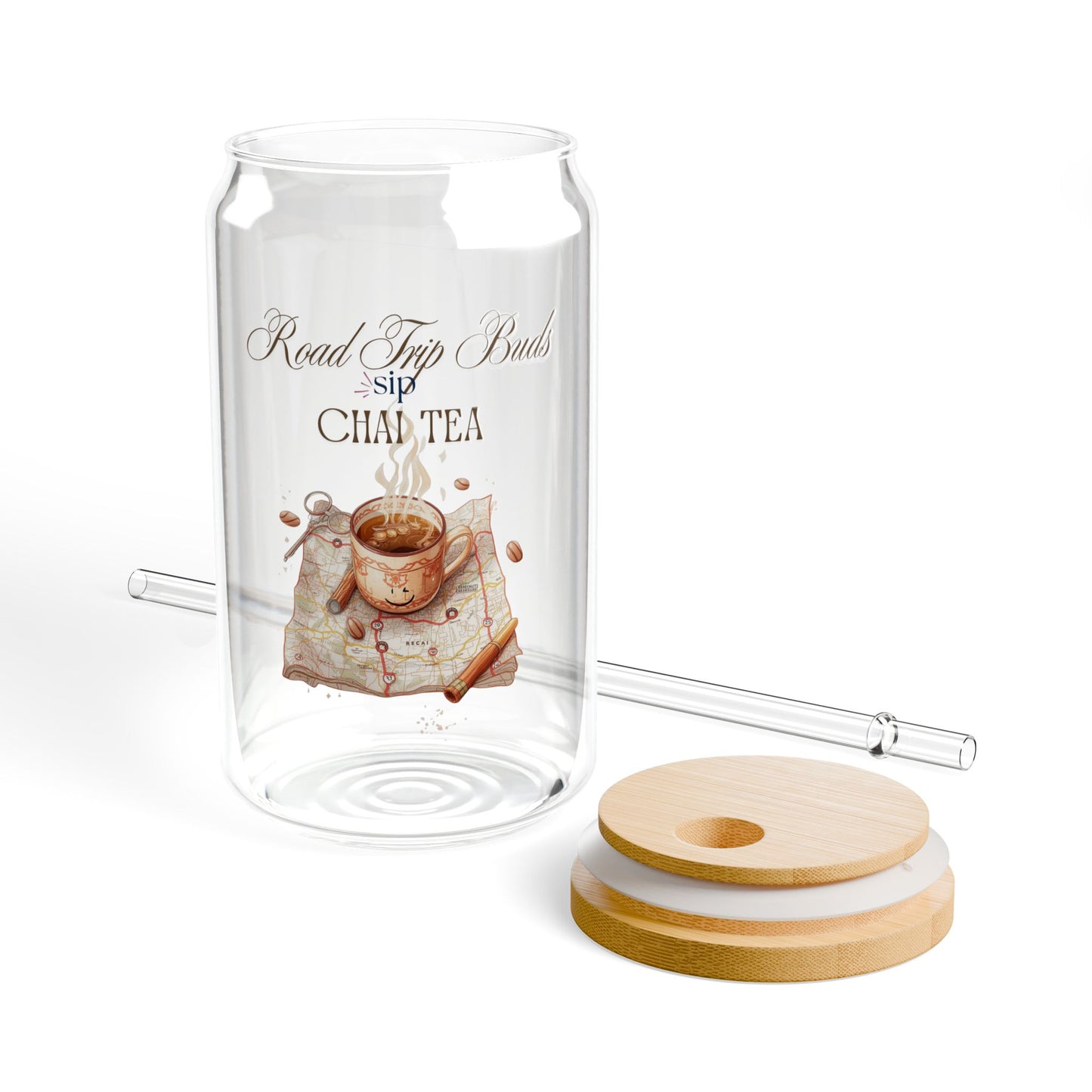 Sipper Glass - Road Trip Buds Chai Tea Themed | Eco-Friendly 16oz Drinkware with Wooden Lid and Straw