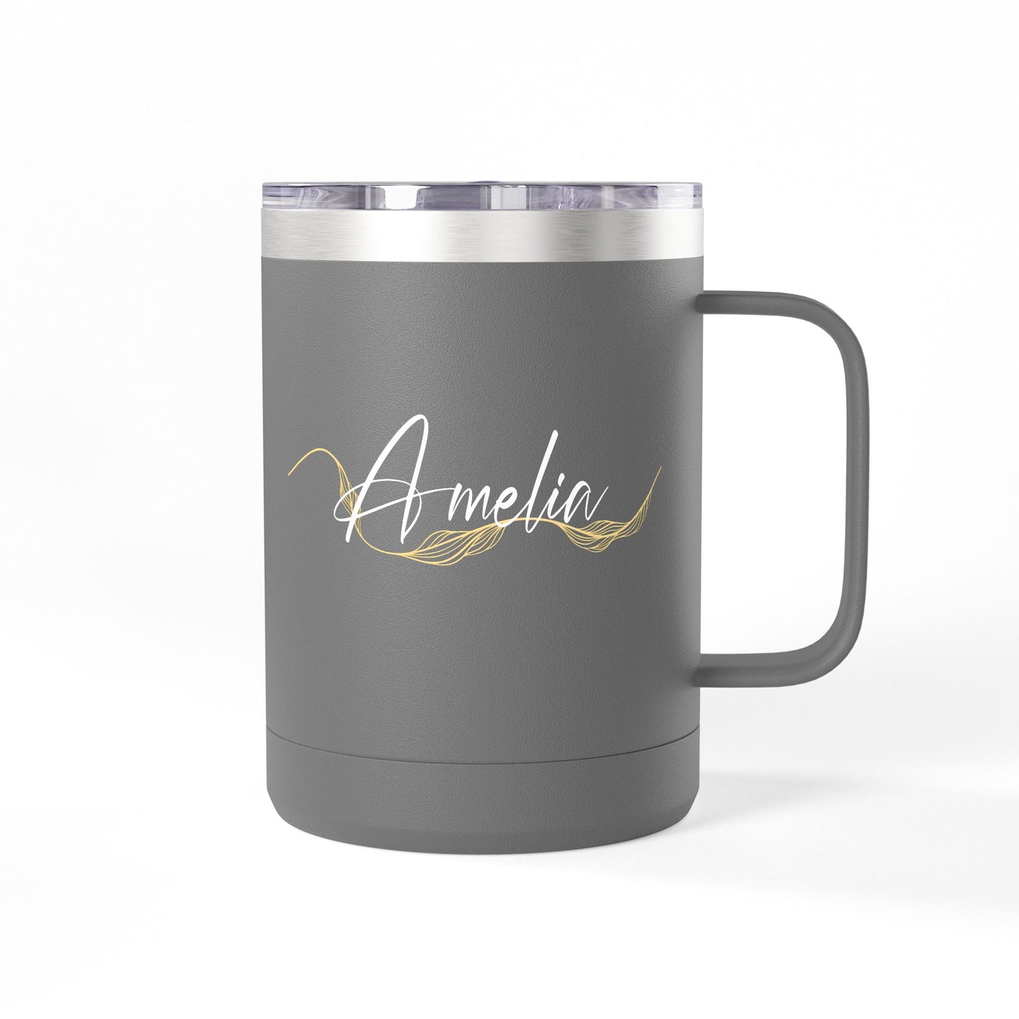 Elegant Gold Script Personalised Name Coffee Mug Tumbler - 15oz 100% Stainless Steel