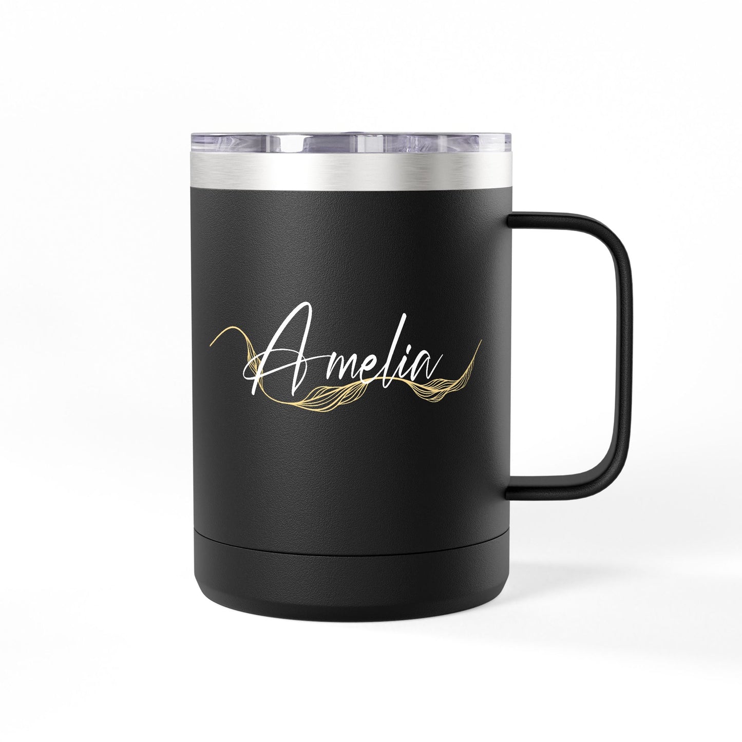 Elegant Gold Script Personalised Name Coffee Mug Tumbler - 15oz 100% Stainless Steel