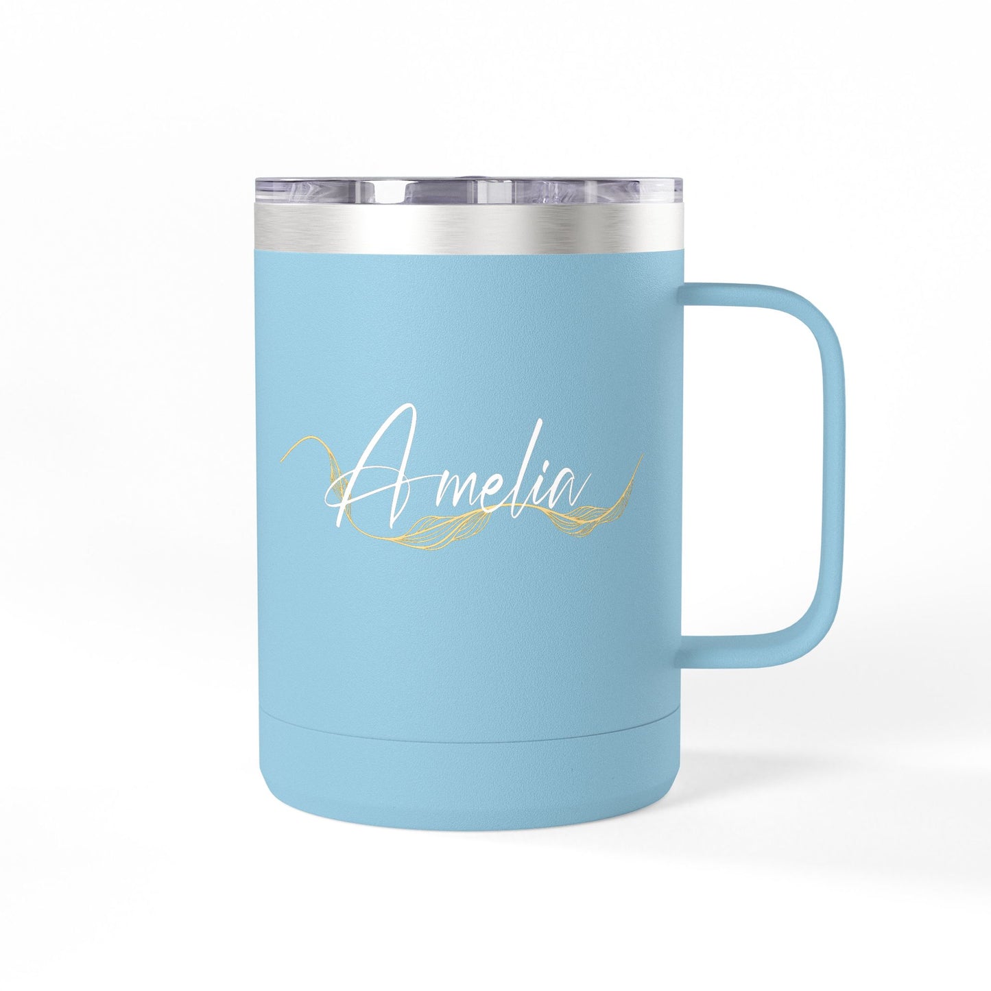 Elegant Gold Script Personalised Name Coffee Mug Tumbler - 15oz 100% Stainless Steel