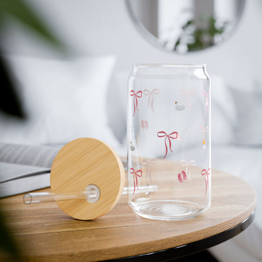 Sipper Glass - Aesthetic Soft Girl Pink Ribbons | Eco-Friendly 16oz Drinkware with Wooden Lids and Straw