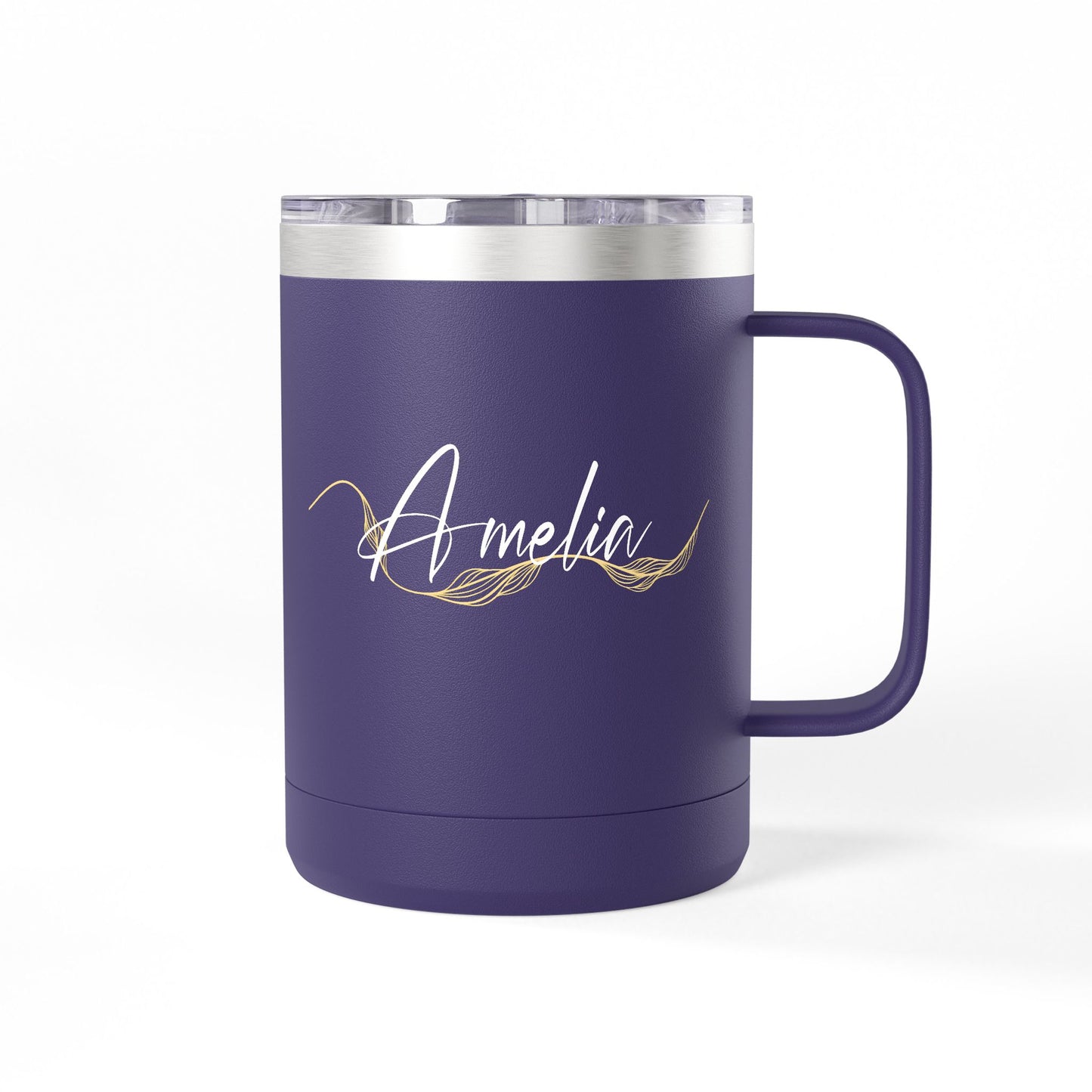 Elegant Gold Script Personalised Name Coffee Mug Tumbler - 15oz 100% Stainless Steel