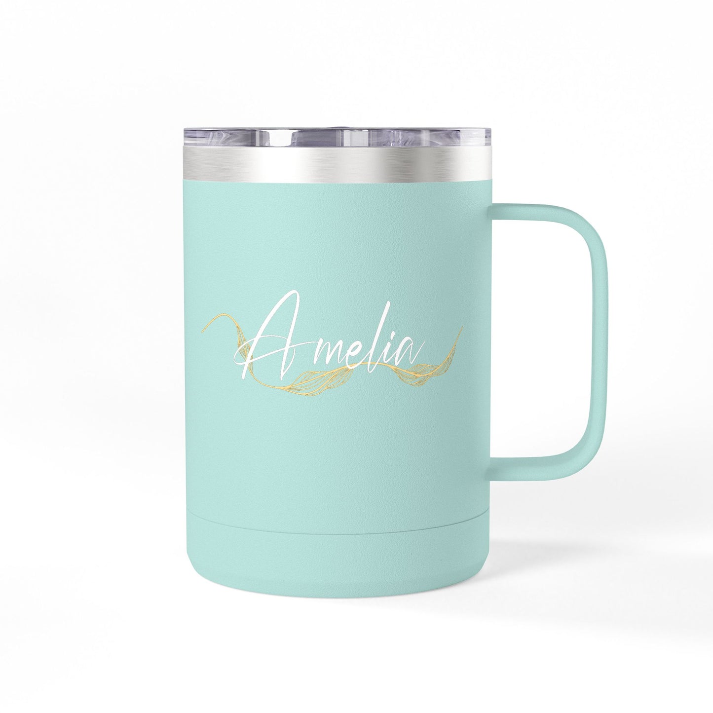 Elegant Gold Script Personalised Name Coffee Mug Tumbler - 15oz 100% Stainless Steel