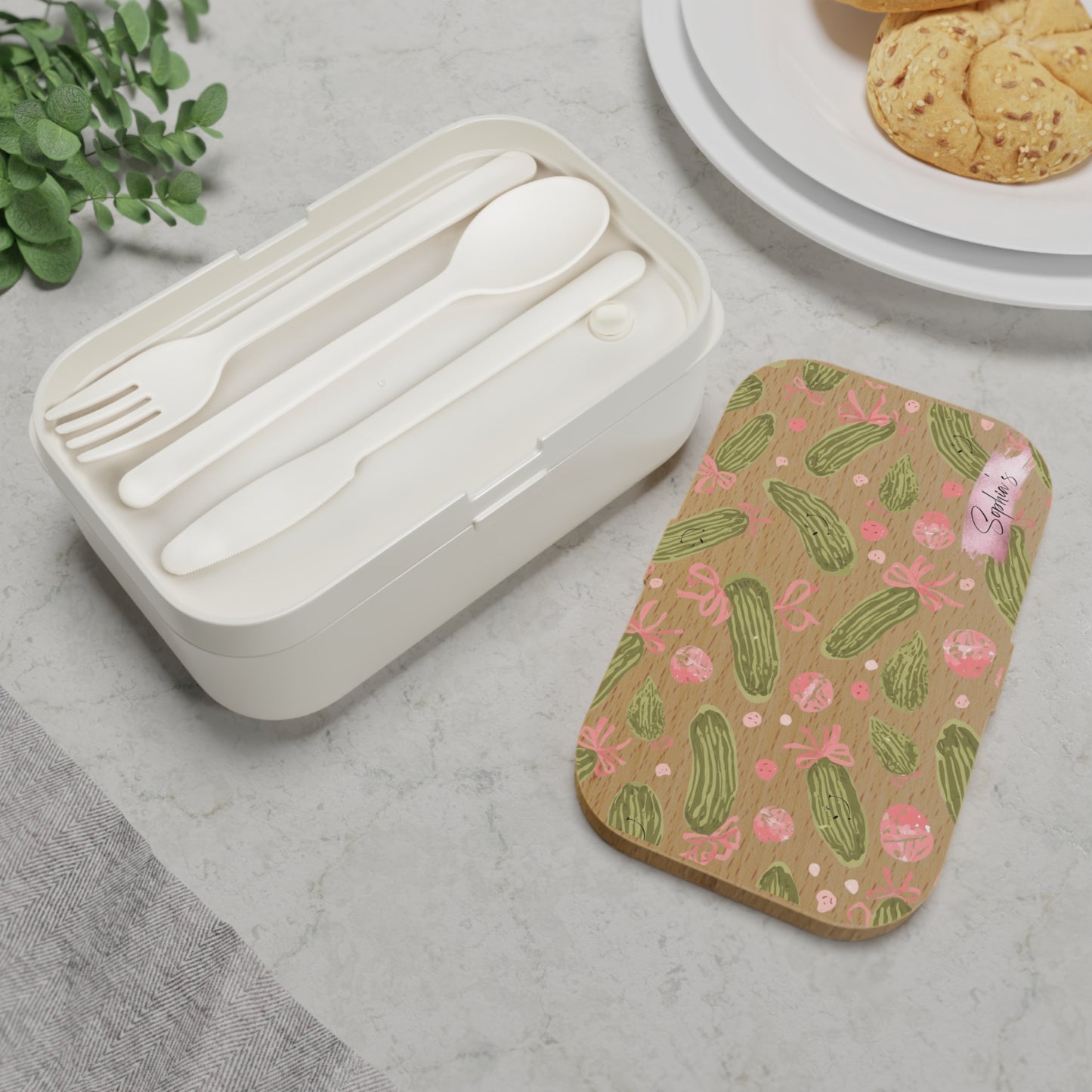 Personalized Bento Lunch Box - Aesthetic Cute Pickles and Pink Ribbons | Cute Lunch Container, Eco-Friendly Meal Prep, Gift for Foodies