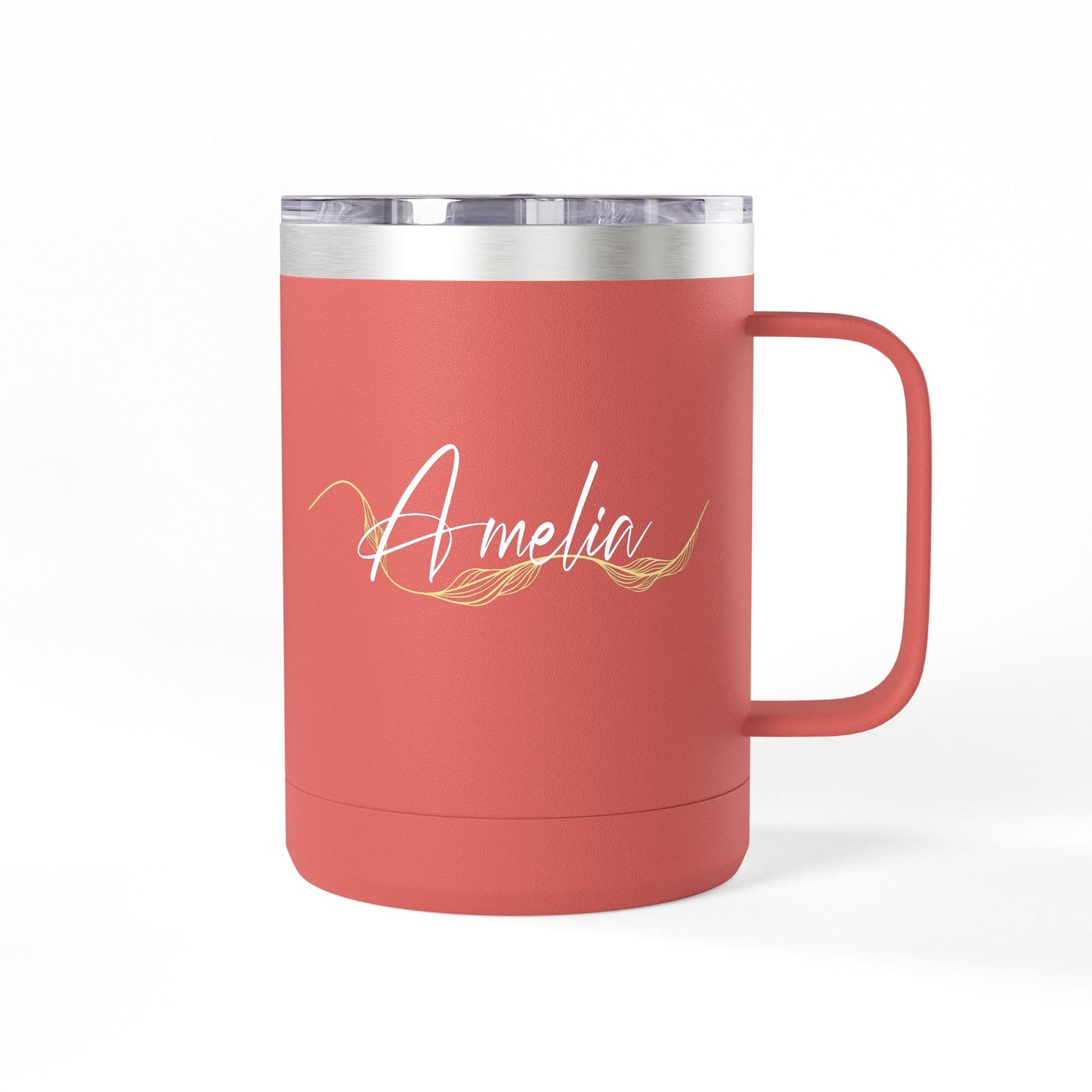 Elegant Gold Script Personalised Name Coffee Mug Tumbler - 15oz 100% Stainless Steel
