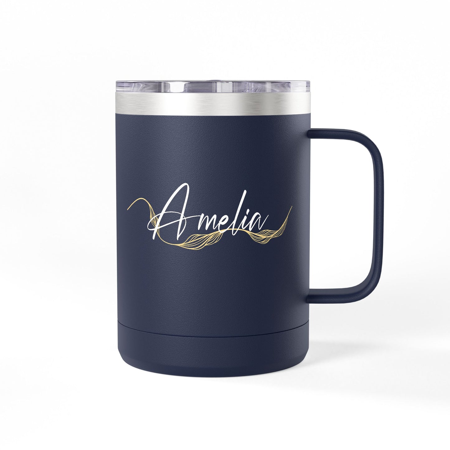 Elegant Gold Script Personalised Name Coffee Mug Tumbler - 15oz 100% Stainless Steel