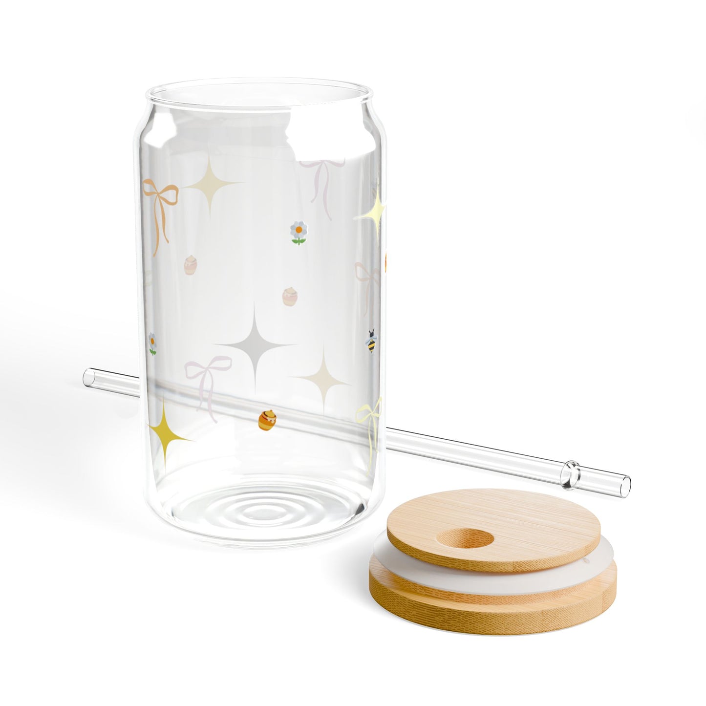 Sipper Glass - Aesthetic Soft Girl Yellow Ribbons | Eco-Friendly 16oz Drinkware with Wooden Lid and Straw