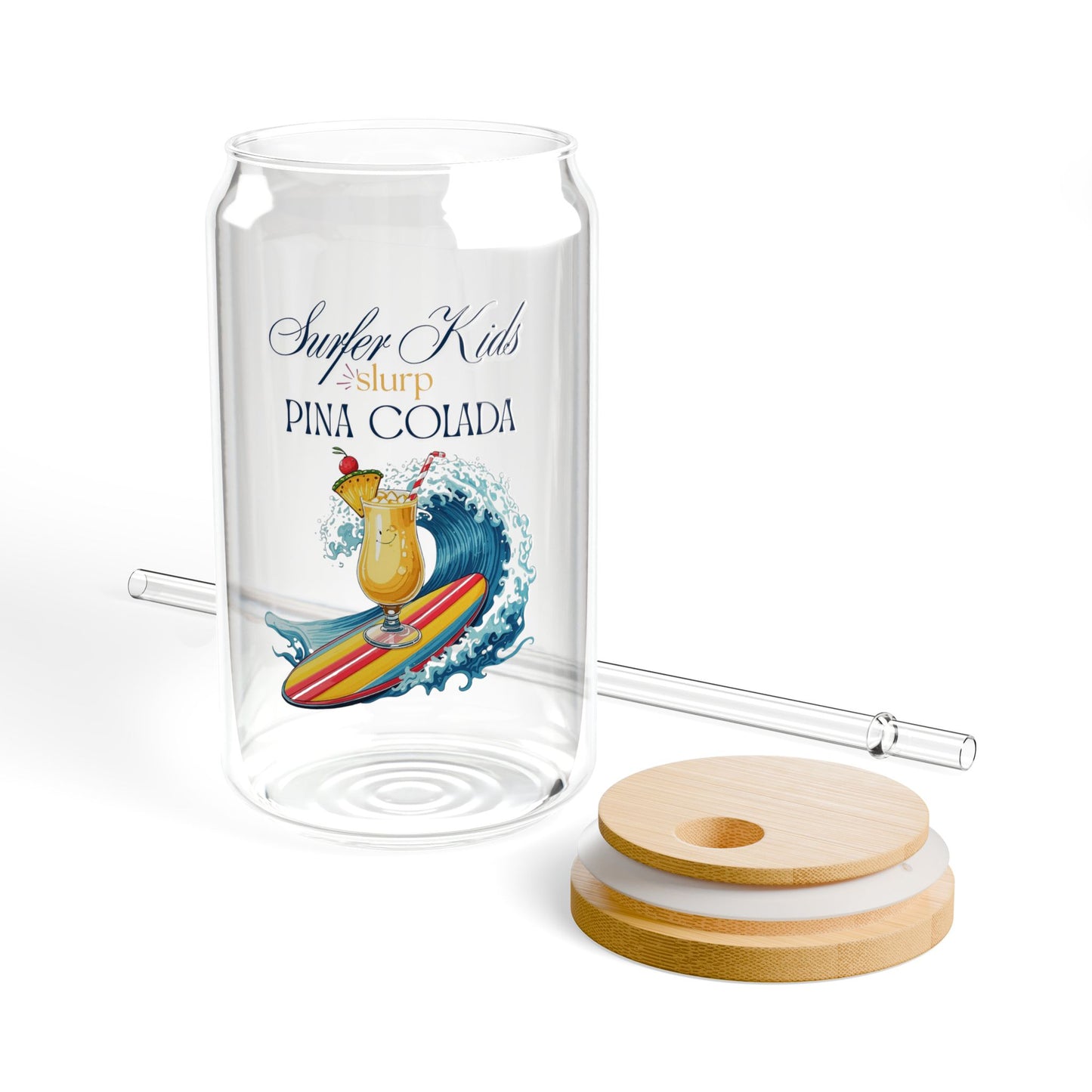 Sipper Glass - Surfer Kids Pina Colada Themed | Eco-Friendly 16oz Drinkware with Wooden Lid and Straw
