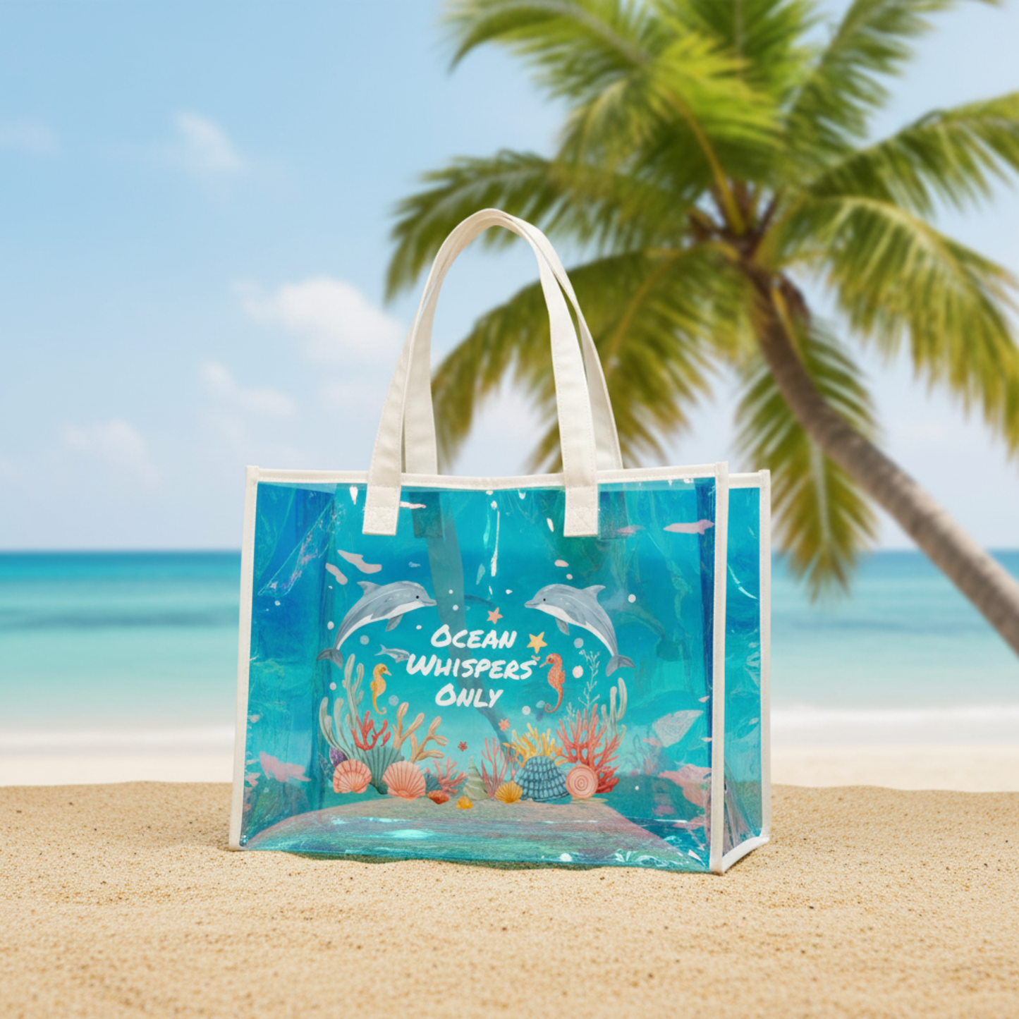 Beach Holographic Tote Bag - Ocean Whispers Only | Chic Beach Accessory, Vacation Essential