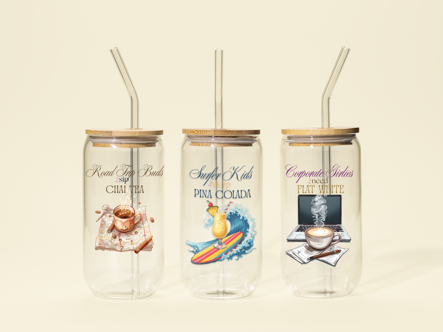 Sipper Glass - Flat White Corporate Girlies Themed | Eco-Friendly 16oz Drinkware with Wooden Lid and Straw