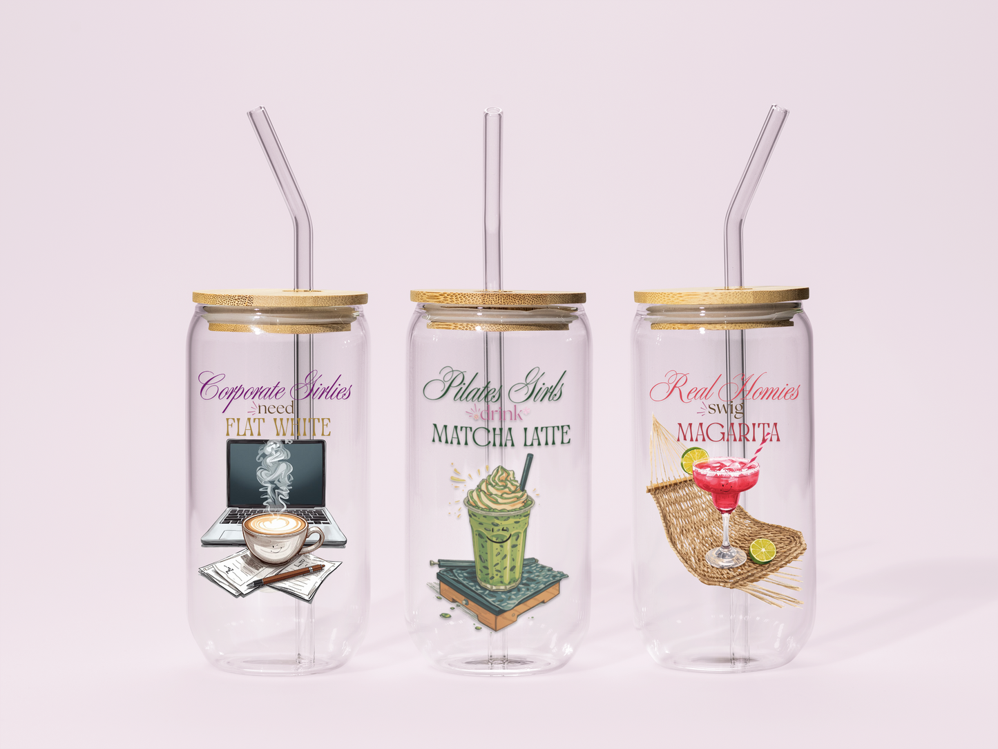 Sipper Glass - Matcha Latte Themed | Eco-Friendly 16oz Drinkware with Wooden Lid and Straw