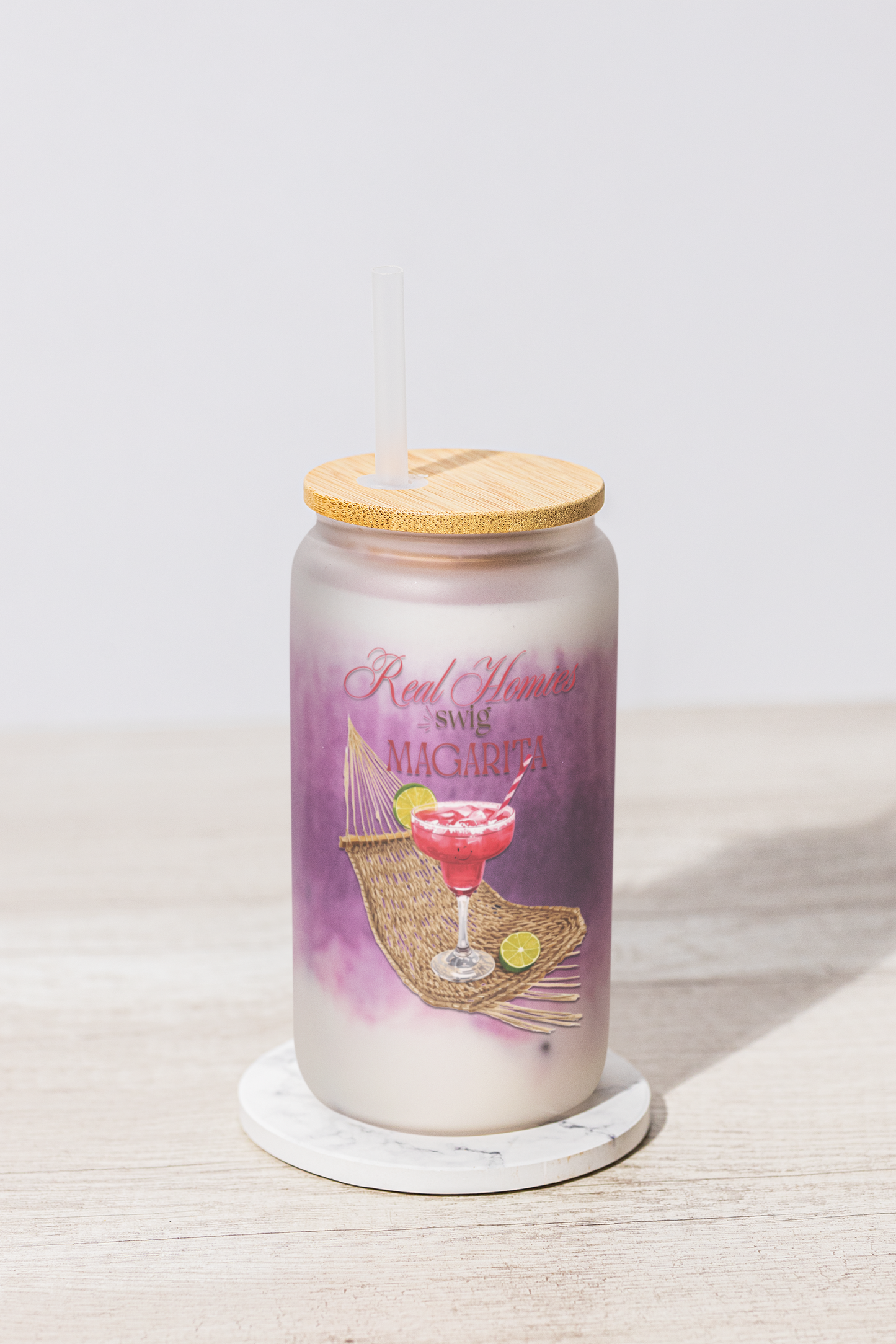 Sipper Glass - Margarita Homies Themed | Eco-Friendly 16oz Drinkware with Wooden Lid and Straw