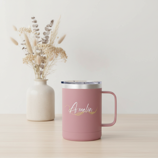 Elegant Gold Script Personalised Name Coffee Mug Tumbler - 15oz 100% Stainless Steel
