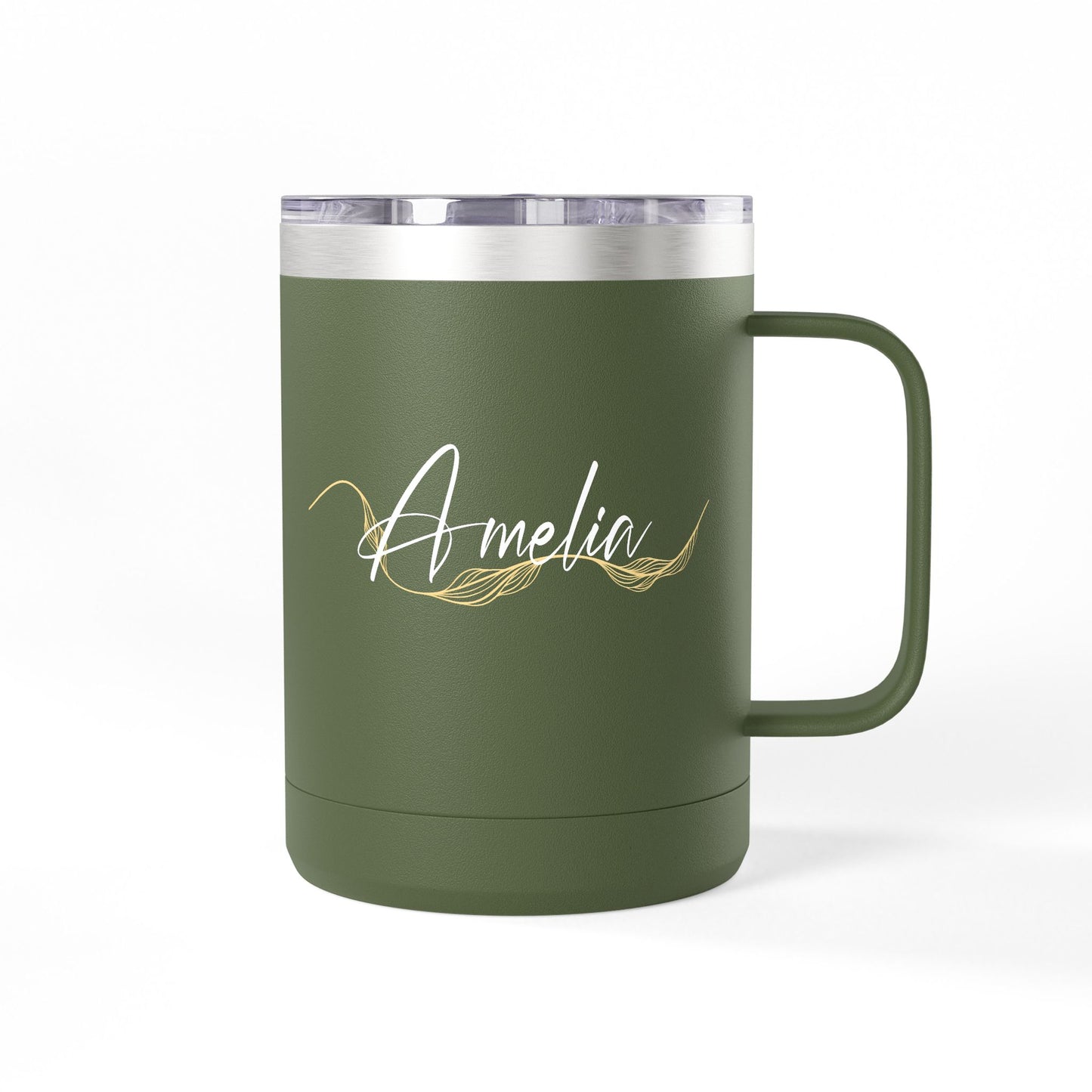 Elegant Gold Script Personalised Name Coffee Mug Tumbler - 15oz 100% Stainless Steel
