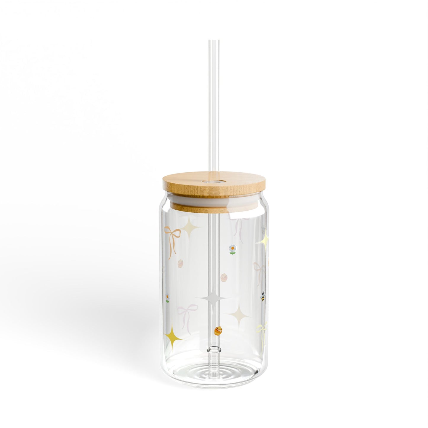 Sipper Glass - Aesthetic Soft Girl Yellow Ribbons | Eco-Friendly 16oz Drinkware with Wooden Lid and Straw