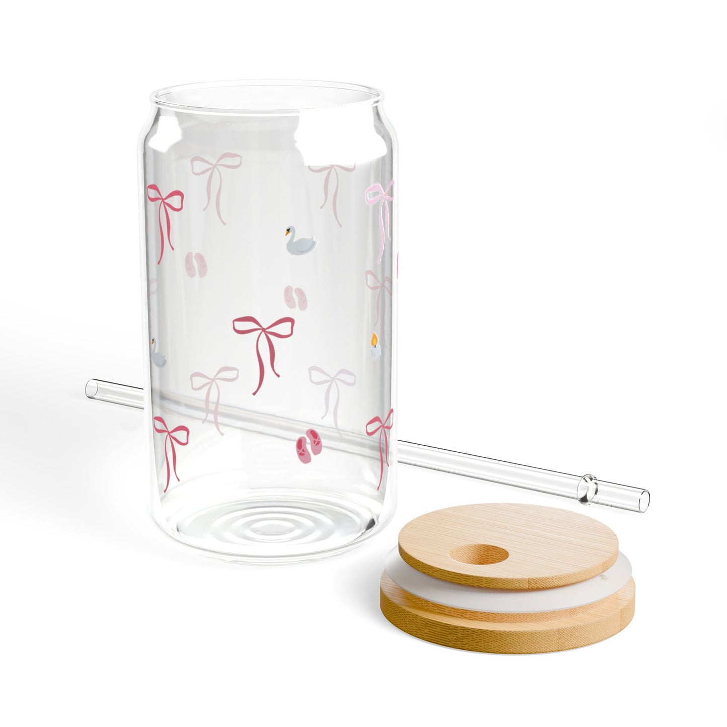 Sipper Glass - Aesthetic Soft Girl Pink Ribbons | Eco-Friendly 16oz Drinkware with Wooden Lids and Straw