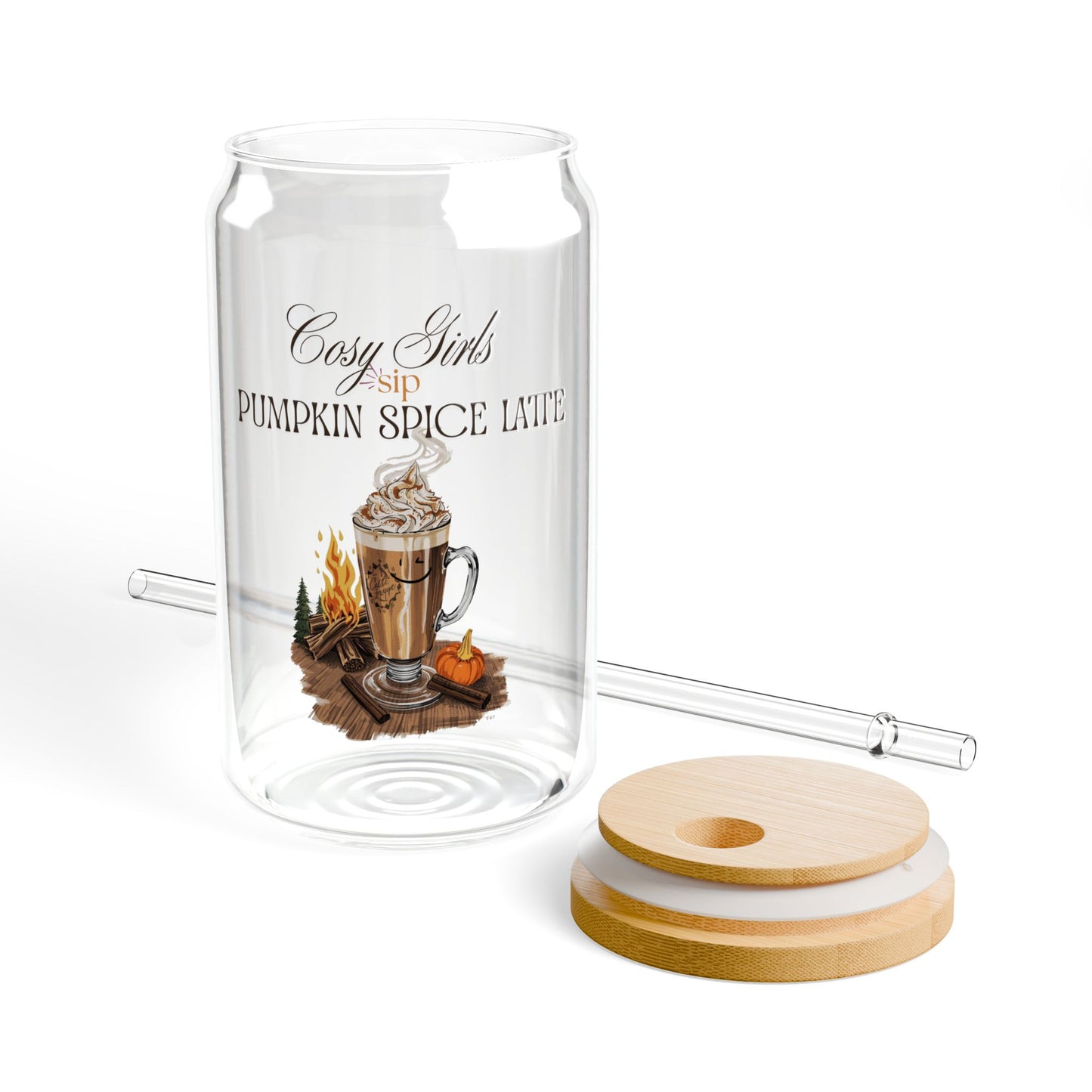 Sipper Glass - Cozy Vibe Pumpkin Spice Latte Themed | Eco-Friendly 16oz Drinkware with Wooden Lid and Straw