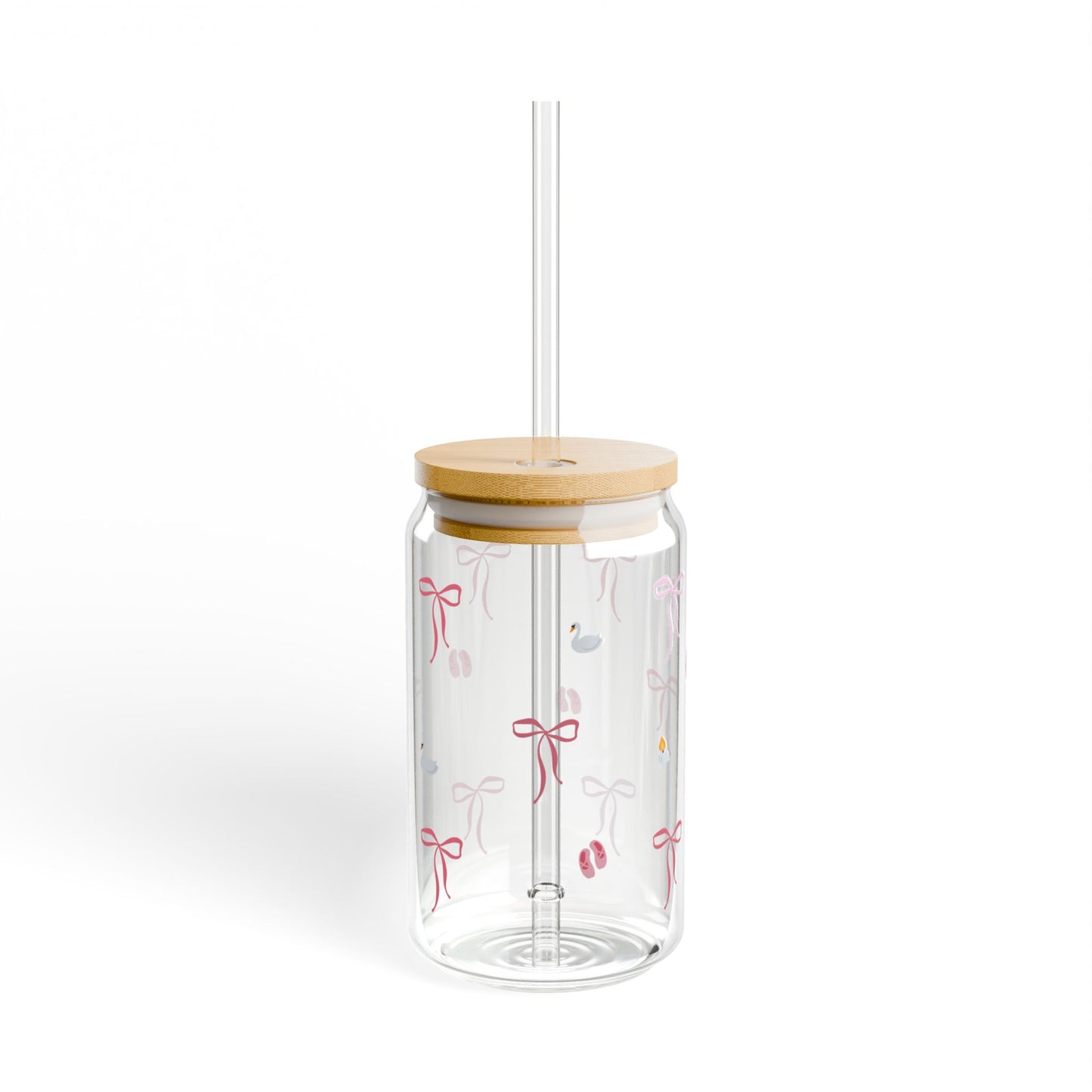 Sipper Glass - Aesthetic Soft Girl Pink Ribbons | Eco-Friendly 16oz Drinkware with Wooden Lids and Straw