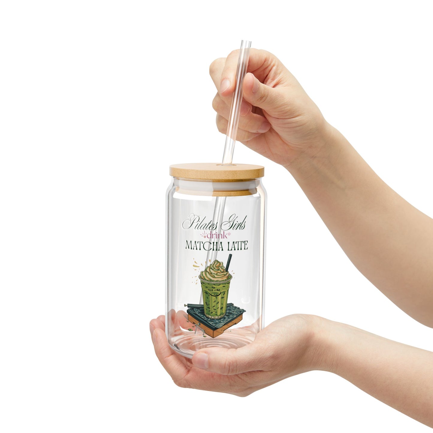 Sipper Glass - Matcha Latte Themed | Eco-Friendly 16oz Drinkware with Wooden Lid and Straw